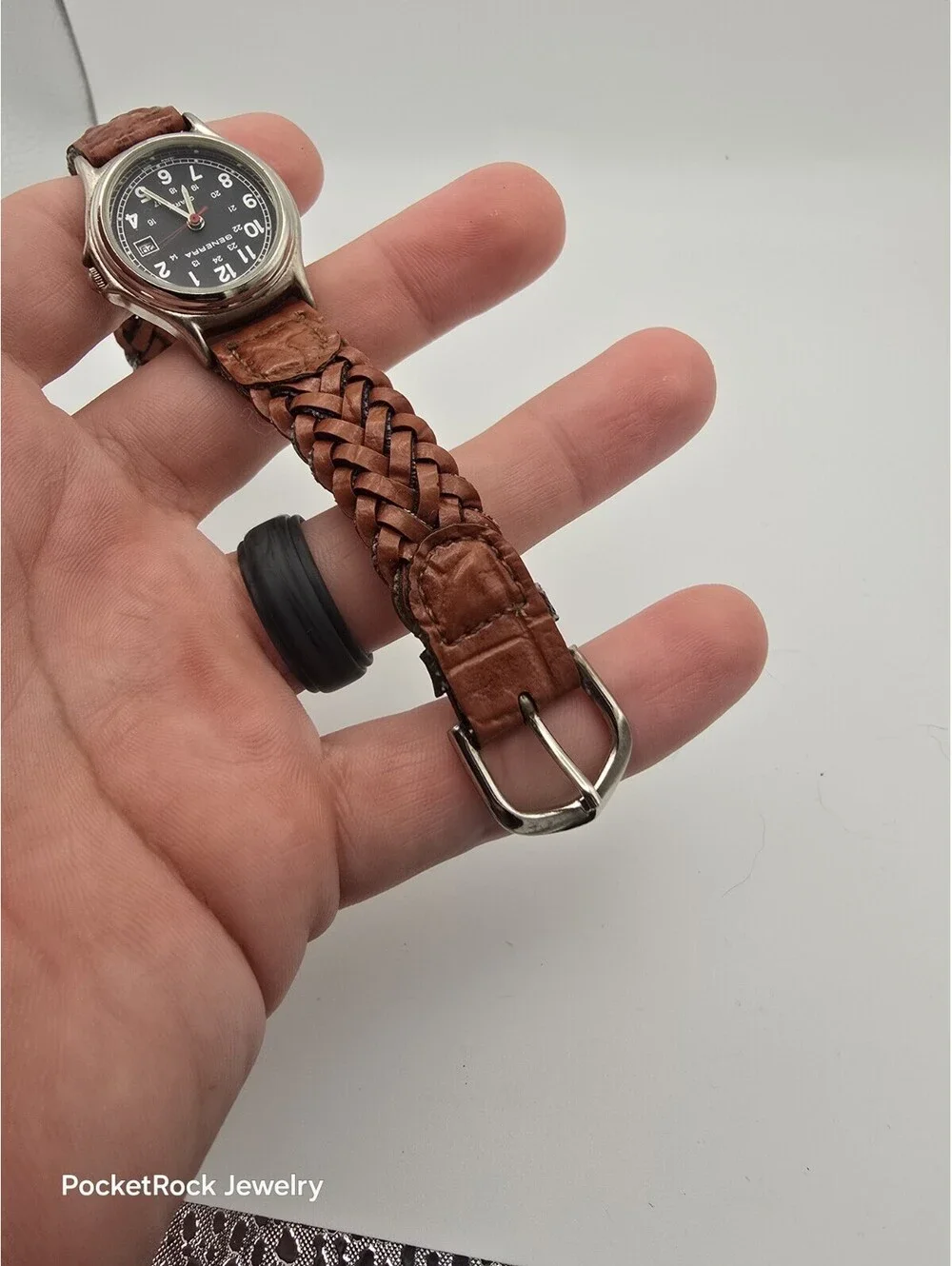 Generra Military Field Style Black Dial Date Braided Brown Leather Quartz Watch